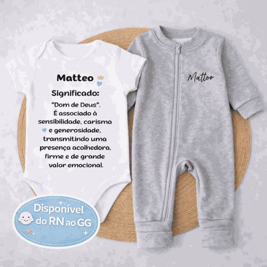 Body Personalizado com Nome e Significado + Macacão Cinza Personalizado com Nome Minimalista