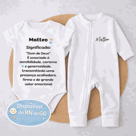 Body Personalizado com Nome e Significado + Macacão Branco Personalizado com Nome Minimalista