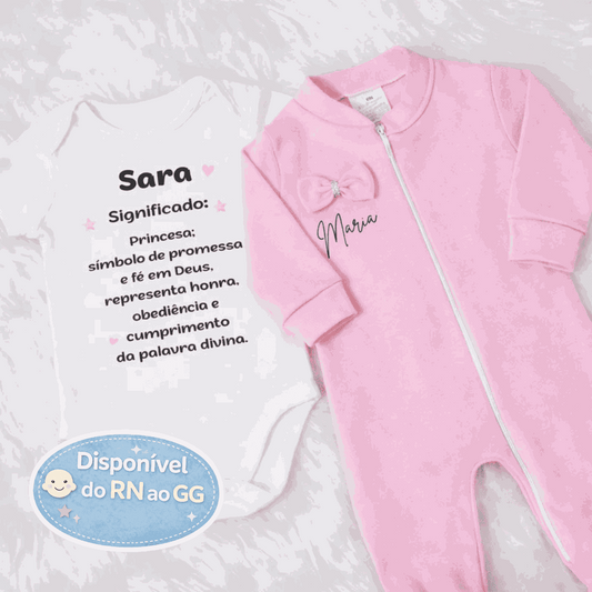 Body Personalizado com nome e significado + Macacão Rosa Bebê Personalizado com nome