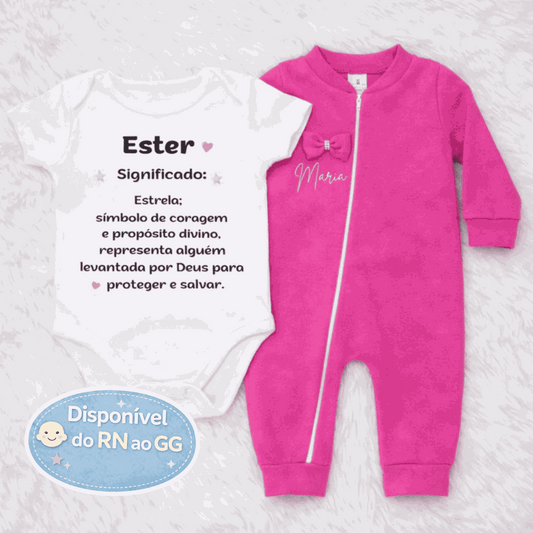 Body Personalizado com nome e significado + Macacão Pink Personalizado com nome Minimalista